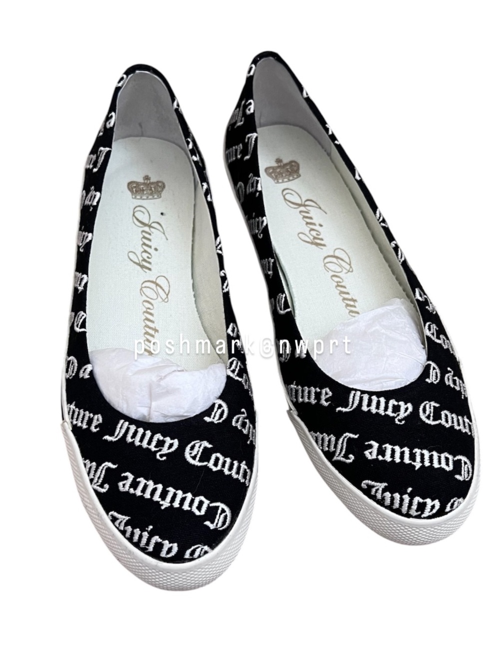 JUICY COUTURE Sonia Canvas Ballet Flat Angel Embroidery Black White 6.5 Box - Picture 4 of 9